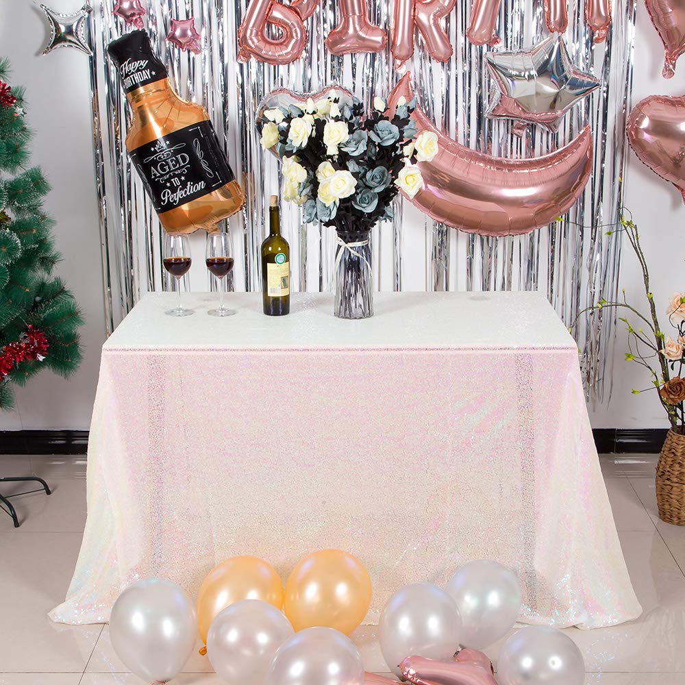 JYFLZQ White Iridescent Sequin Tablecloth 90" x 132" Rectangular Sparkly Drape Table Cloths Table Cover Overlay for Wedding Birthday Party Baby Bridal Shower