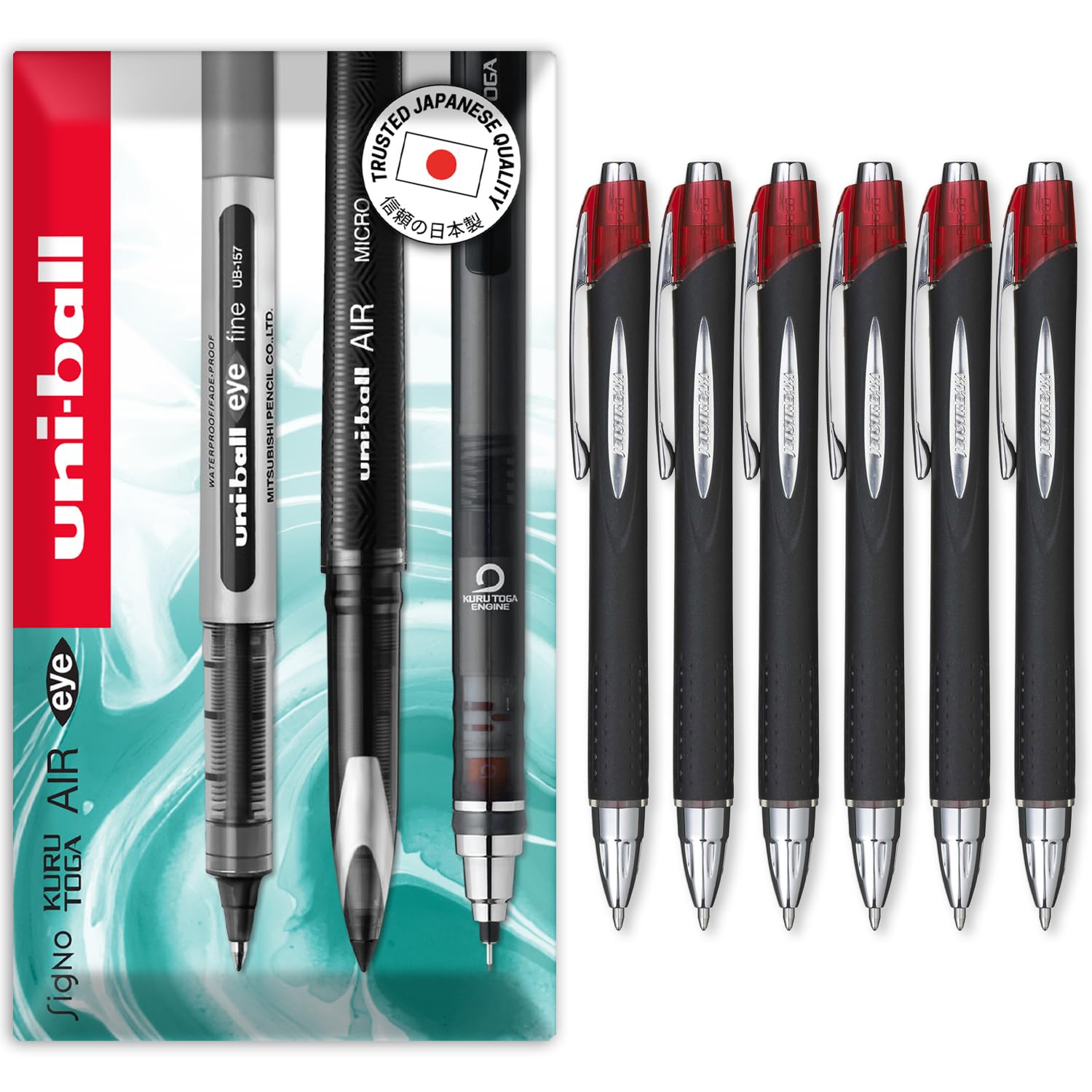 uni-ball Jetstream Retractable Rollerball Pens - SXN-210 RT - 1.0mm Nib - In Envelope Gift Packaging (Pack of 6, Red)