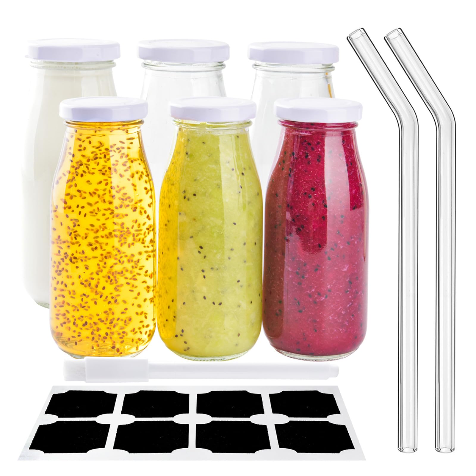 6Pcs 250ml Glass Milk Bottles With Lids, Reusable Juice Jars, Straws, Labels and Whiteboard Pen for Beverages, Weddings Decoration