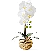 Hisow Orchids Artificial Flowers, 15" Faux Orchid in Gold Flower Pot Real Touch Flowers in Pot Large Flower Arrangements Artificial Centerpiece for Home Living Room Bathroom Kitchen Decoration (White)