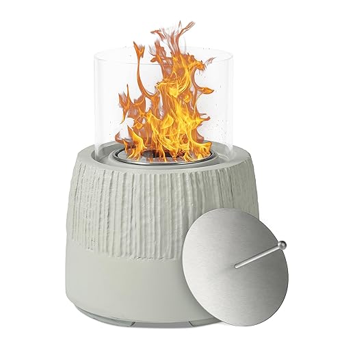 VOSSMOON Tabletop Fire Pit, Bioethanol Table Top Fire Bowl, Portable Round Fireplace indoor or Outdoor, Concrete Table Top Patio Heater Ethanol Burner with Tempered Glass for Potluck or Camping, Gray