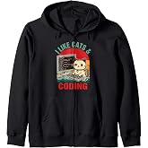 Coder Programmer Cat Lover Cat Dad I Like Cats &amp; Coding Zip Hoodie