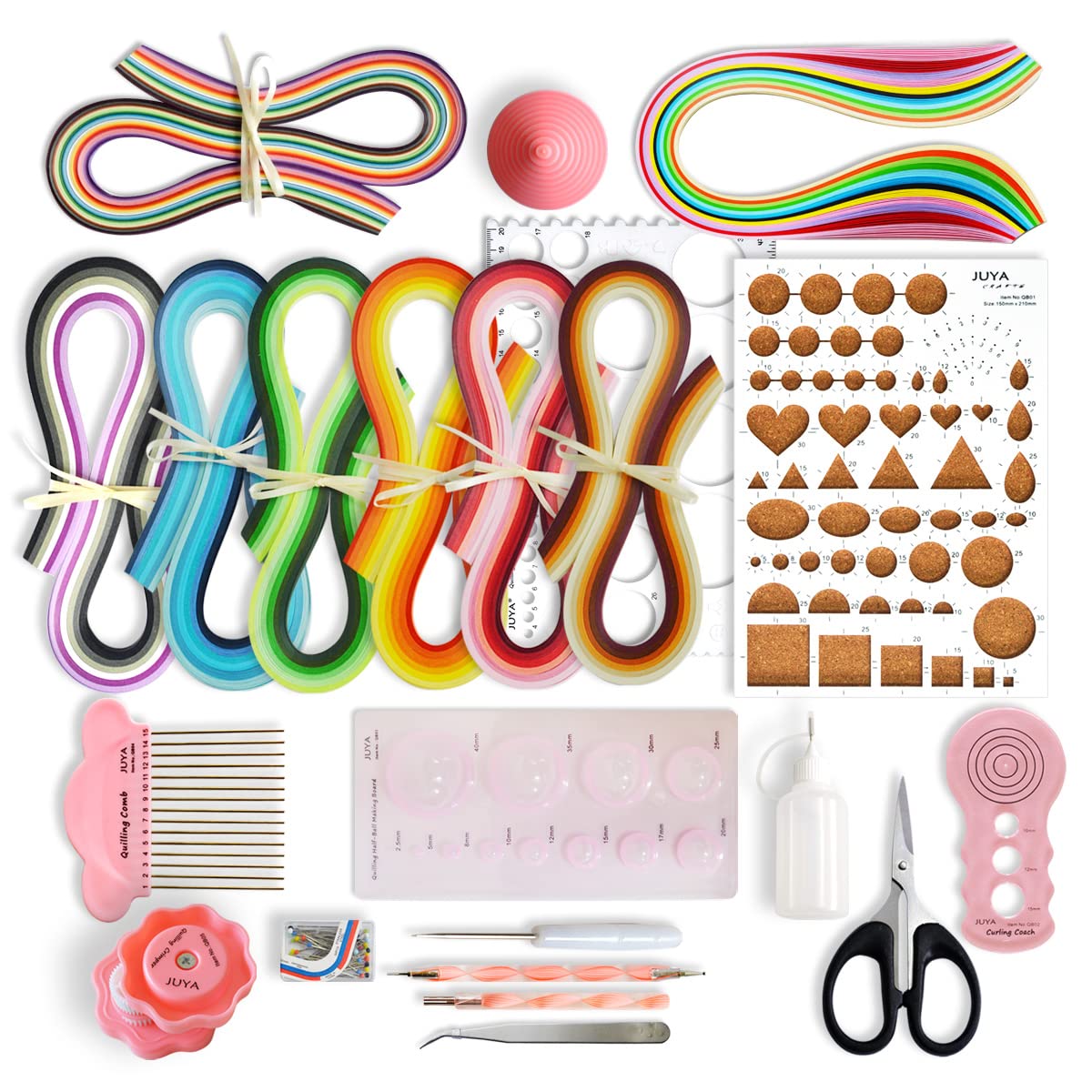 JUYA Paper Quilling Kit with 960 Strips and 14 Tools (Pink Tools, Width 5mm Have Glue)