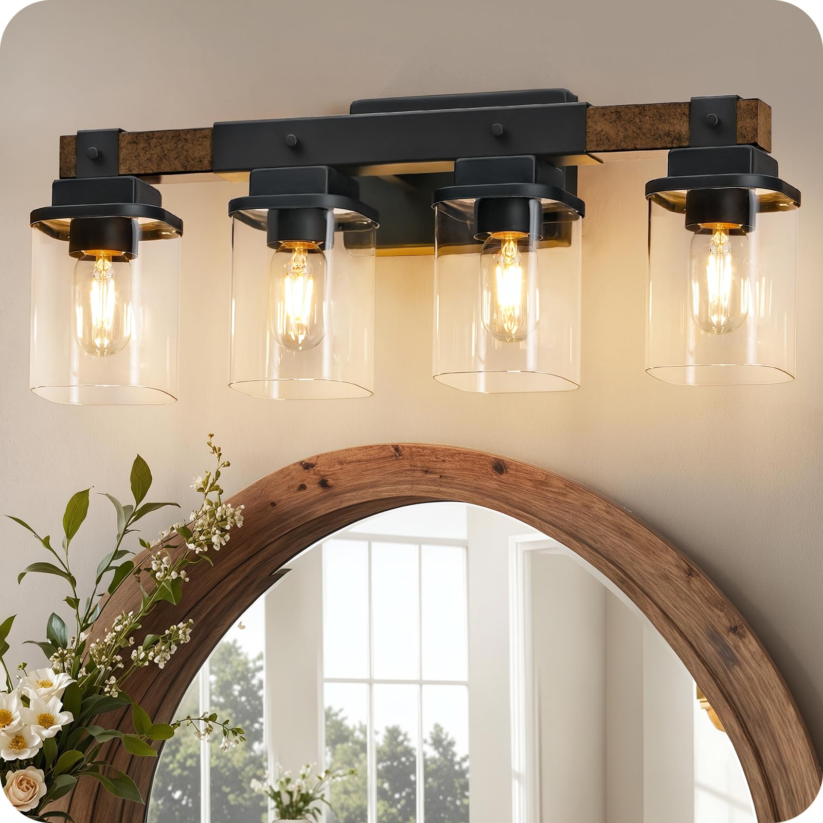 Photo 1 of GOEBLESON 4-Light Bathroom Light Fixtures, Farmhouse Vanity Lights for Bathroom with Glass Square Shade, Rustic Vanity Lights, Sconce Wall Light, E26 Base (Bulbs Not Included), ETL Listed FS09BD05