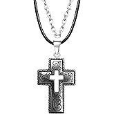 HJIMMNHONG Black Cord Layer Cross Necklaces Stainless steel and leather chain,vintage pattern Cross Pendant Necklace with Engraved Scrollwork Design cross necklaces for men&women