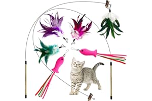Lepawit Cat Wand Toy, Cat Feather Toys with Silvervine & Bells, 2 * Cat Teaser Wand & 6 * Teaser Refills, Extra Long 38.5" Wire Cat Wand, Cat Toy for Indoor Cats & Kitten & Kitty