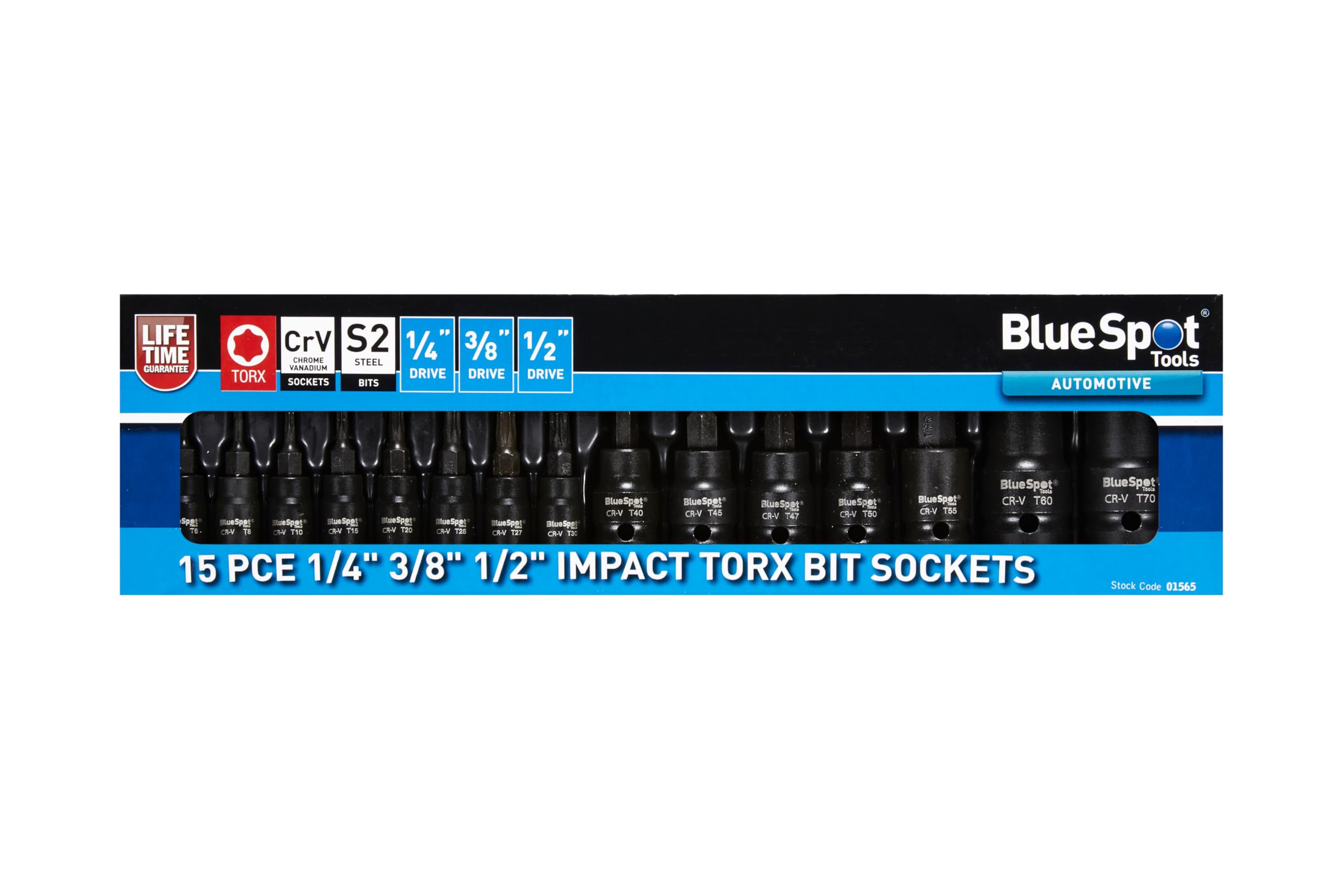 Blue Spot Tools 15PCE 1/4 3/8" 1/2" Impact Torx Bit Sockets (T6-T70)