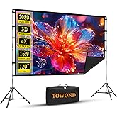 Outdoor Projector Screen with Stand, TOWOND 120 inch Portable Projector Screen Black Backing, Indoor Projection Screen 16:9 4K HD Wrinkle-Free Movie Screen with Carry Bag for Backyard Movie Night