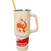 Silver Buffalo Pokémon Stainless Steel Tumbler with Handle Featuring Charmander, Fits in Standard Cup Holder, 40 Ounces