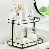 Bathroom Organizer Countertop Perfume Organizer Makeup Organizer Cosmetics Storage Display Rack Vanity Tray Dresser Stainless Steel Gold Shelf White Marble Ceramic Tray (2 Tier L-Black)