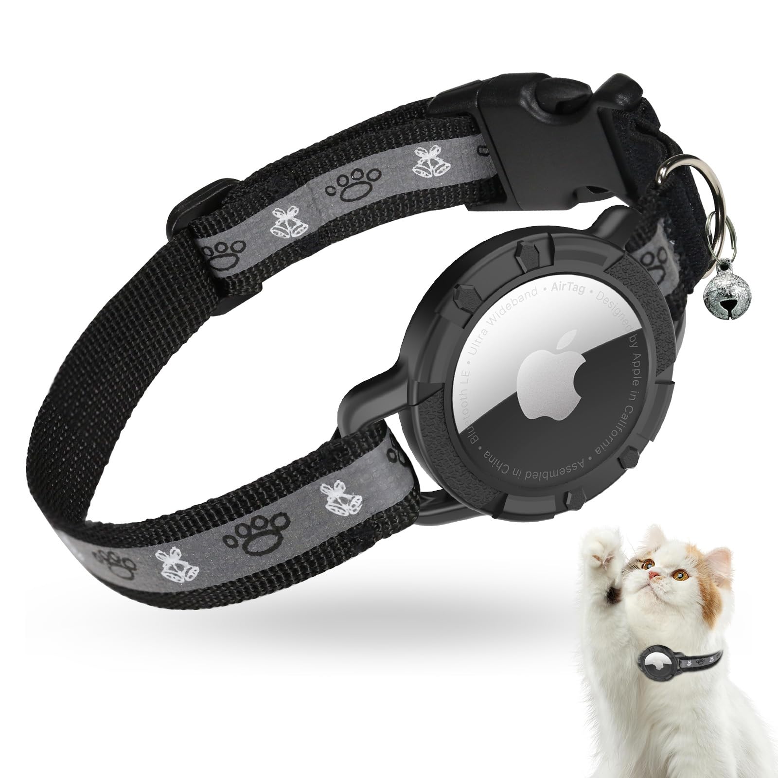 Reflective Airtag Cat Collar, JIARUI Integrated Apple Airtag Cat Collar, GPS Cat Tracker Collar with Airtag Holder and Bell, Lightweight Cat Tracker Collar for Kittens and Puppies (Black, S(9"-13"))