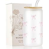 Loihayazea Cute Coquette Pink Aesthetic Bow Glass Cups with Lids and Straws, Preppy Girly Trendy Stuff Gifts for Women Teen Girls, 16oz Iced Coffee Cup, Glass Tumbler, Matcha Cup (Pink Bow)