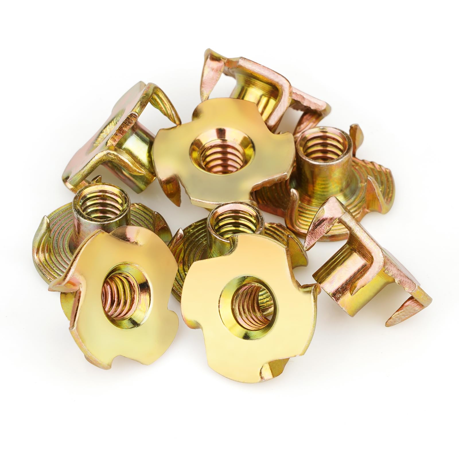 Photo 1 of 1/4"-20 T-Nuts (100 Pack), Yellow Zinc-Plated Steel Corrosion Resistant, 5/16" Barrel Length, 4-Pronged Tee Nut for Wood, Rock Climbing Holds, Cabinetry