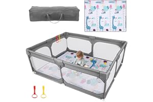 JINXIA Baby Playpen with Mat 75"*59", Large Play Pen for Babies and Toddlers with Soft Breathable Mesh, Climb-Proof Anti-Fall Baby Playpen, Sturdy Safety Play Yard for Indoor Outdoor Fun, Grey