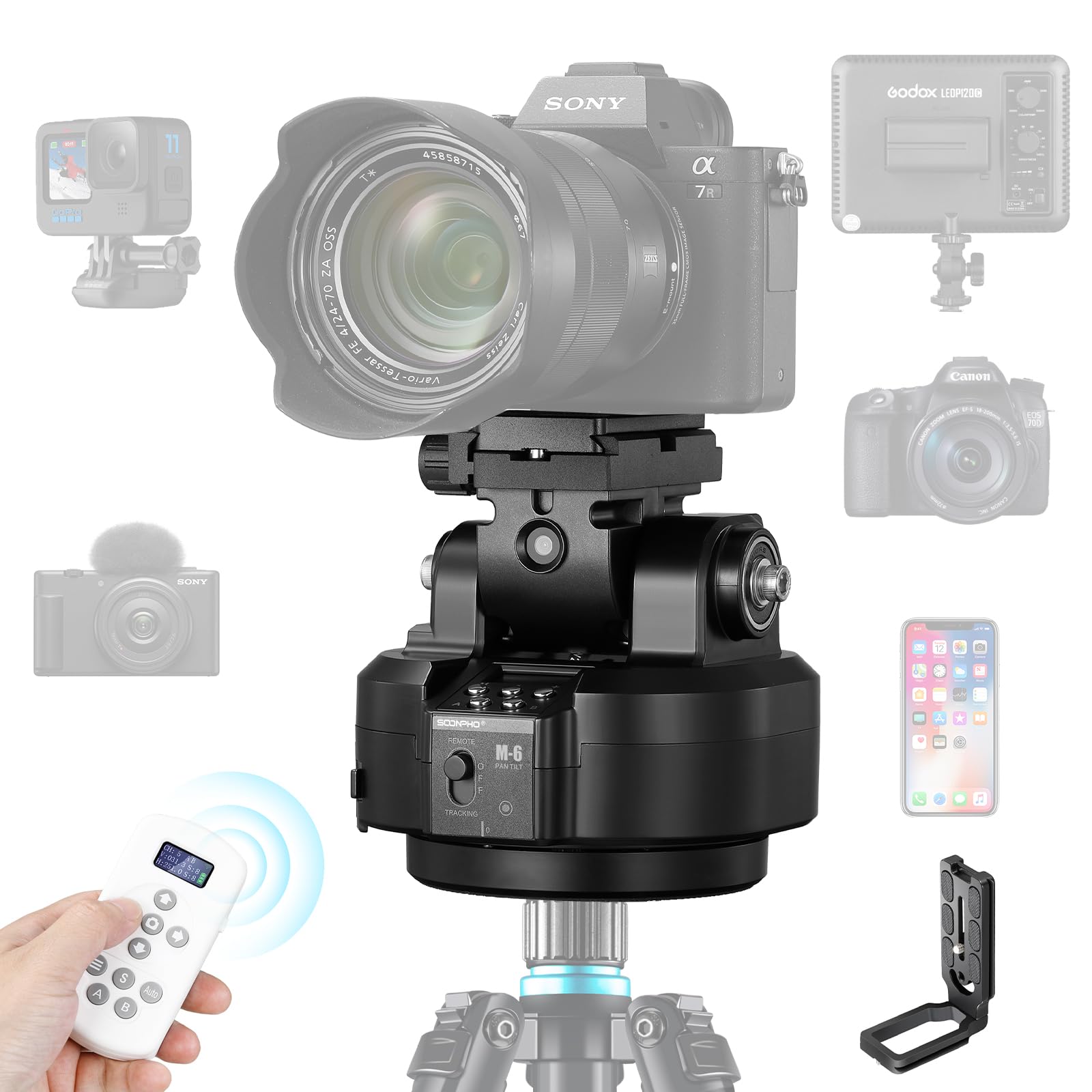 Soonpho M6 Auto Face Tracking Motorised Rotating Panoramic Tripod Head Fluid Camera Remote Control Pan Tilt Head with Remote Control and Mobile Phone Clip for DSLR Cameras,Tripod,Smartphones