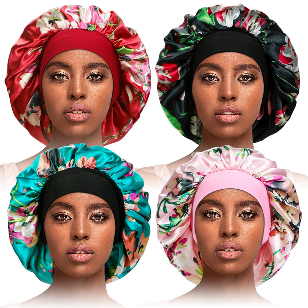 TSKNOMO 4 Pcs Silky Sleep Bonnet Large Hair Bonnets for Women Hair Care, Satin Sleeping Cap Night Cap for Curly Hair