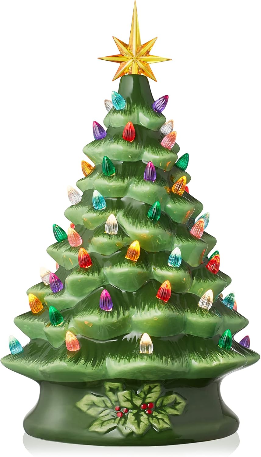 Tree Toppers - Casafield Hand Painted Ceramic Christmas Tree, Green 15-Inch Pre-Lit Tree with 128 Multi Color Lights and 2 Star Toppers