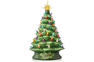 Casafield Hand Painted Ceramic Christmas Tree, Green 15-Inch Pre-Lit Tree with 128 Multi Color Lights and 2 Star Toppers