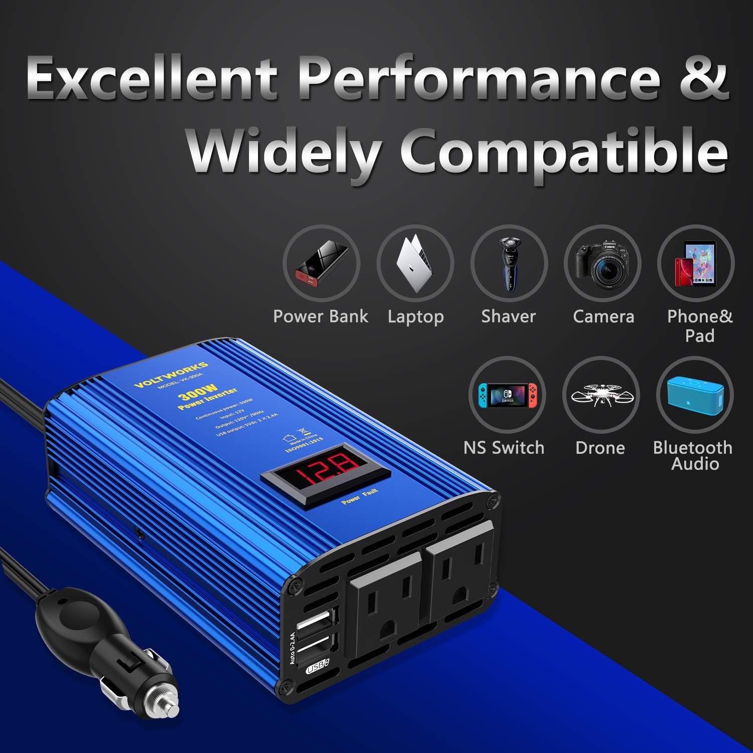 Power Inverter 300W Car Inverter DC 12V to 110V AC Converter with LED Voltage Display & 4.8A Dual USB Car Adapter Charger by VOLTWORKS: Electronics