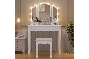 Tiptiper Makeup Vanity with Lights, Vanity Desk with Lighted Mirror and Stool, Vanity Table Set with 5 Drawers, 3 Light Settings, Adjustable Brightness, White