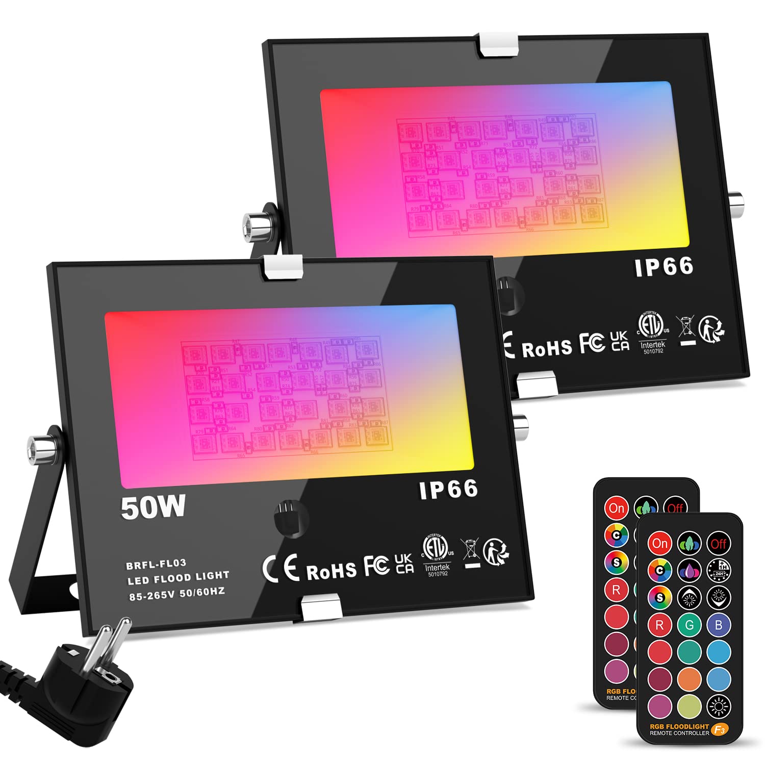 ChangM RGB LED Floodlight Outdoor with Remote Control Object Lighting Pack of 2 50 W LED Floodlight IP66 Waterproof Floodlight Garden Mood Lights