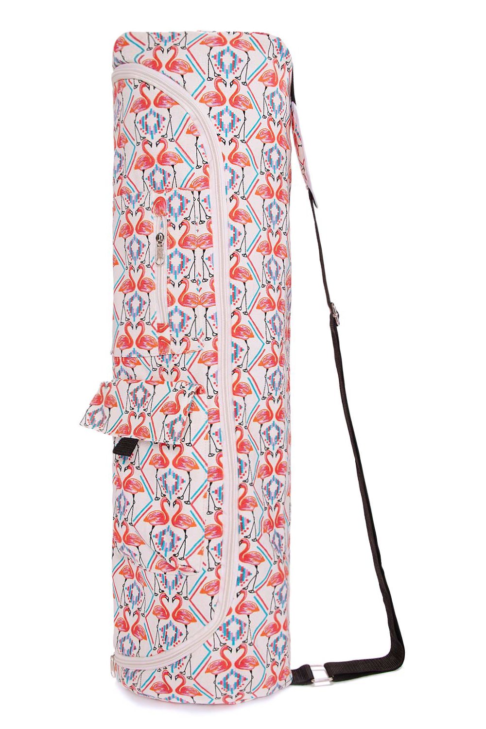 TUONROAD Yoga Sling Bag for Large Mat Hot Patterned Pink Flamingo Turquoise Stripe Geometry Cute Foldable Yoga Tote Bag Cotton Canvas Yoga Mat Sling with Easy Access Full Zipper and Pocket