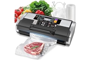 CMJYH 95kPa Vacuum Sealer Commercial Automatic Food Vacuum Sealer,10-in-1 System, Auto Pop-Up Cover,Double Heat Seal, Easy-Lock Handle,Built-In Cutter with 1 Roll & 15 Bags, Black Silver