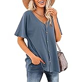 Beluring Women's Shirts V Neck Short Sleeve Waffle Knit Button Up Tunic Tops Blouse