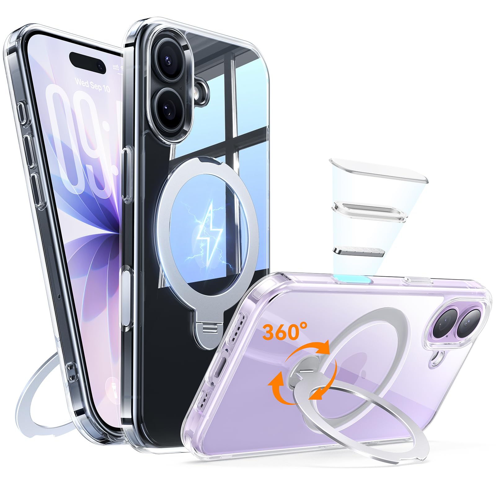 Photo 1 of Peerock for iPhone 17 Case: with 360° Spin Magnetic Stand, Camera Control Button, Fit for MagSafe, Military Drop Protection, Protective Slim Phone Cover for iPhone17 with Ring Kickstand, 6.3", Clear