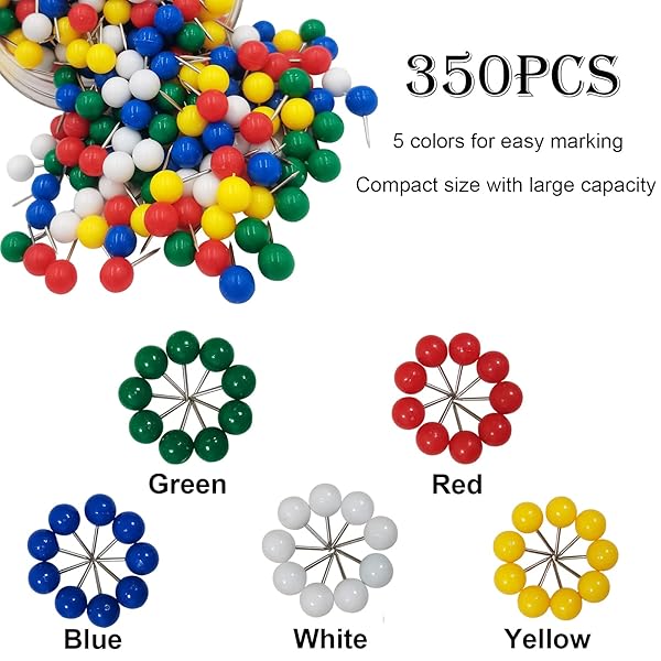 350 PCS PUSH PINS FOR BULLETIN BOARD,COLORED BALL HEADS THUMB TACKS WITH STORAGE BOX,PUSHPINS FOR TRAVEL MAP OR HOME OFFICE BULLETIN CORK BOARD (5 COLORS).