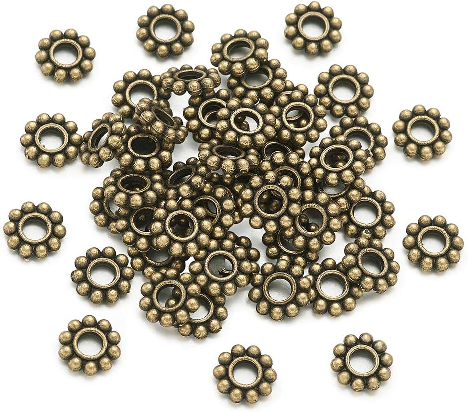 Beadthoven 50pcs Tibetan Style Antique Bronze Alloy Daisy Spacer Beads for DIY Bracelet Necklace Earring Jewelry Making Supplies 6.5x1.5mm Hole: 2mm