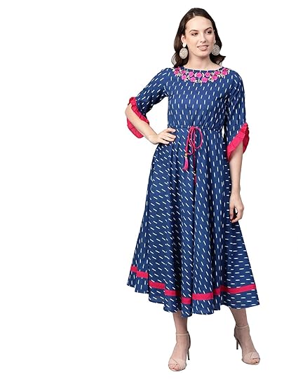 Women's Cambric Cotton Embroidered Ikat Print Anarkali Kurta Kurta Dress (Blue)