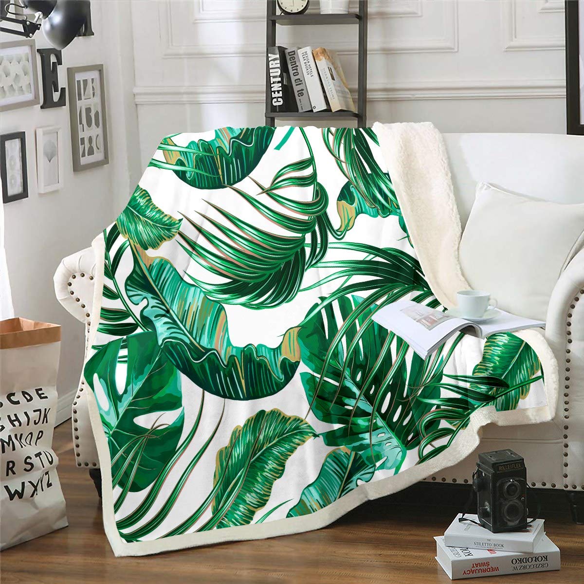 Palm Leaf Fuzzy Blanket Tropical Leaves Sherpa Blanket for Sofa Bed Couch Palm Tree Print Fleece Throw Blanket Green Botanical Fuzzy Blanket Room Decor Plush Blanket Single 50x60 Inch — image 1