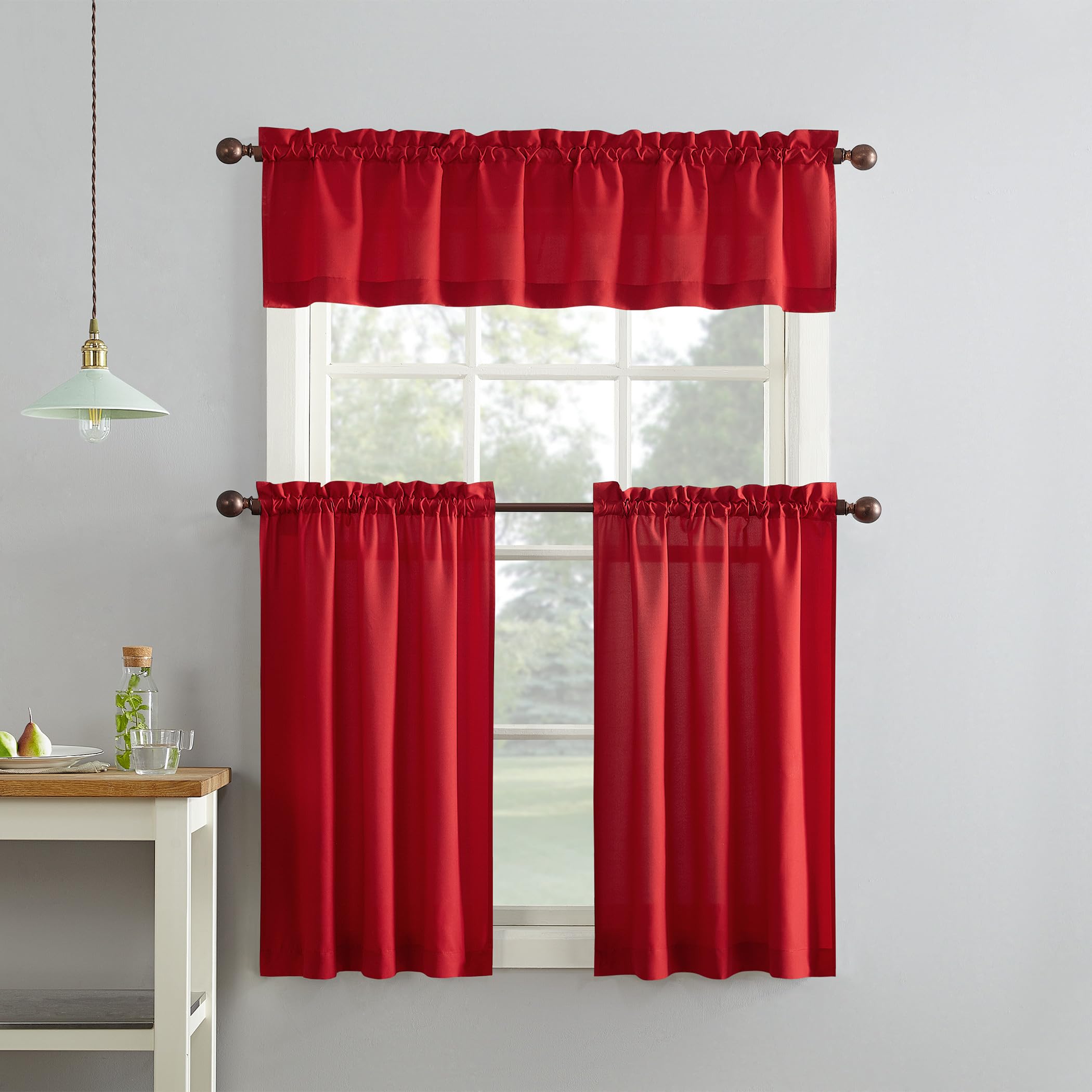 No. 918 Martine Microfiber Semi-Sheer Rod Pocket Kitchen Curtain Valance and Tiers Set, 54" x 36", Red — image 1