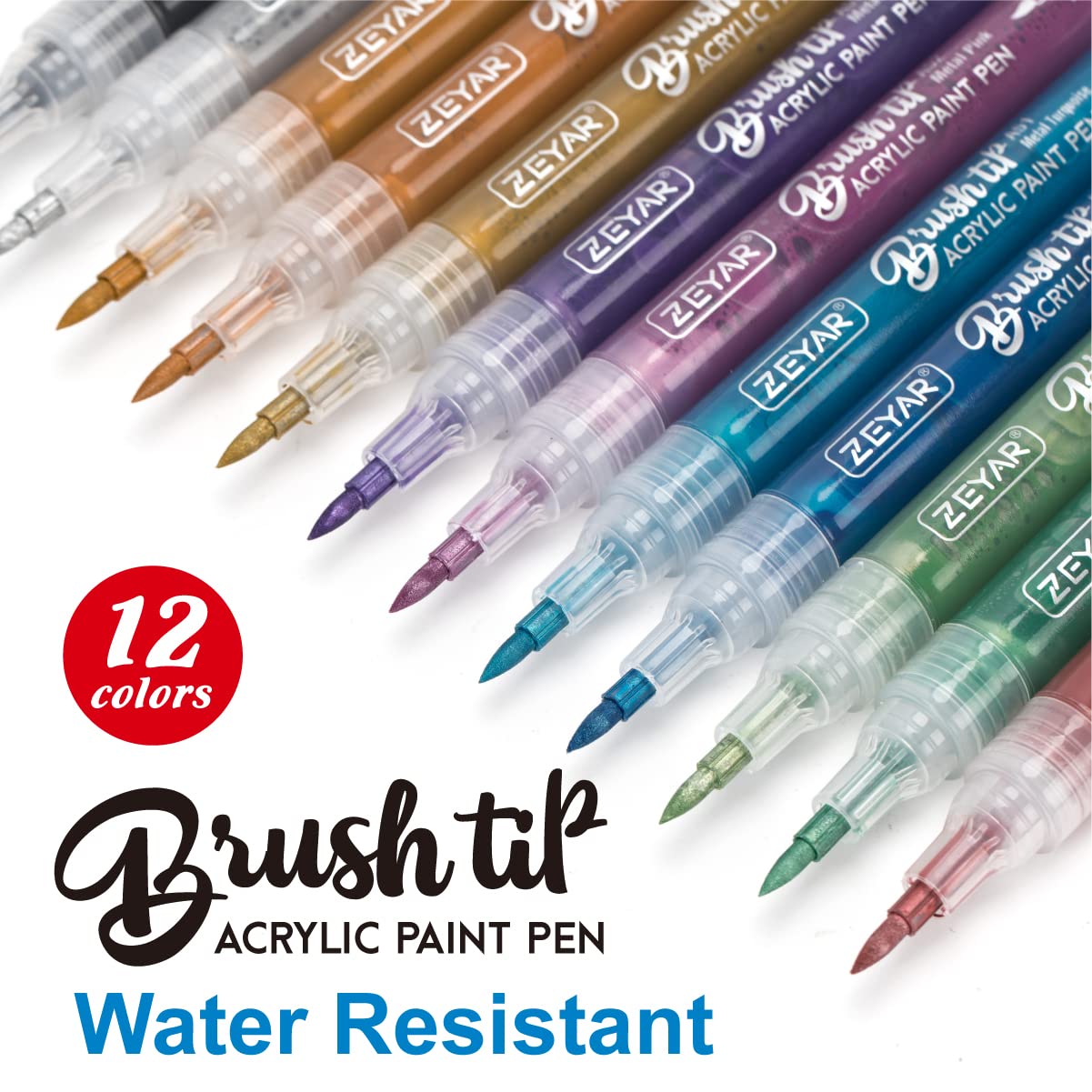 ZEYAR Acrylic Paint Pens, Brush Tip, Water based, Metallic Colors, Writes on Paper, Rock, Rubber, Ceramics, Wood, Glass and more (12 Metallic Colors)
