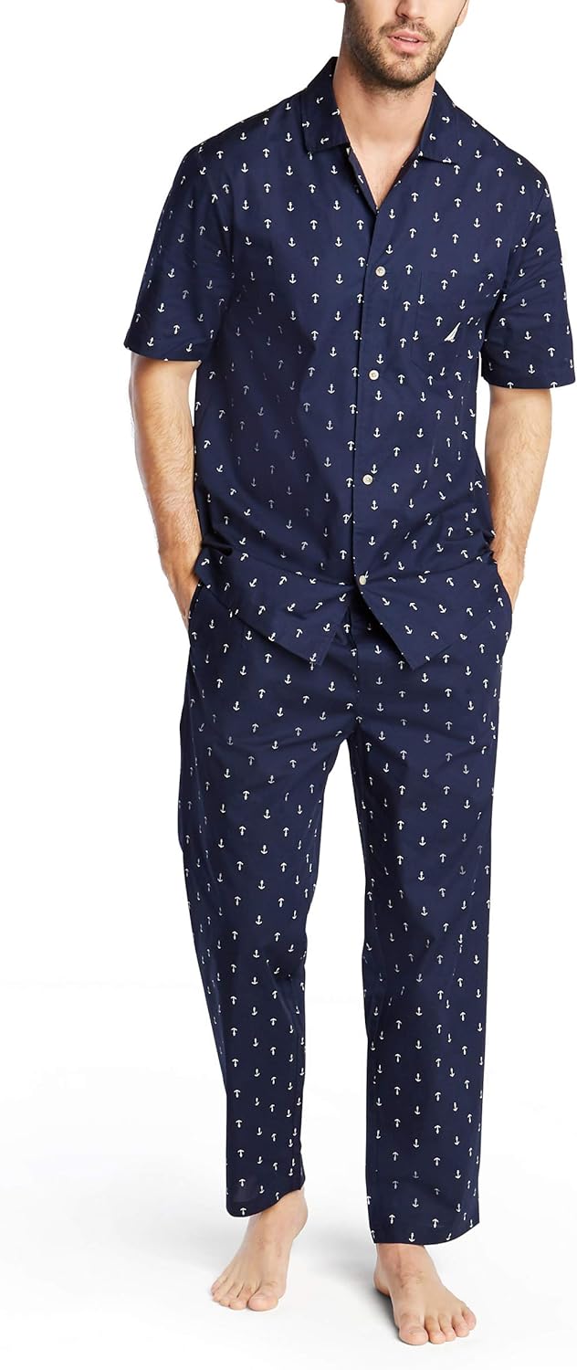Nautica Men's Short Sleeve 100% Cotton Soft Woven Button Down Pajama Top at  Men’s Clothing store