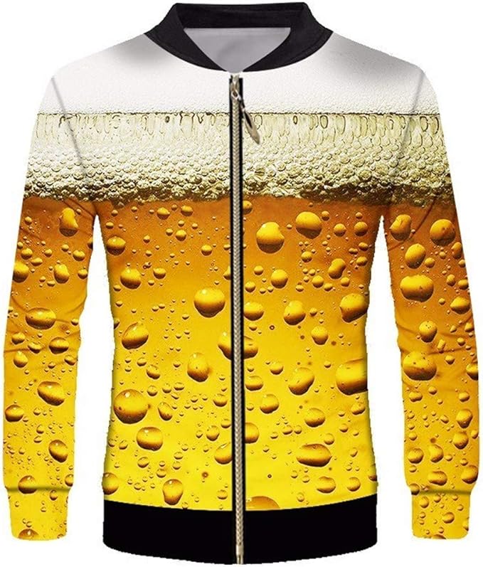 Fsanly Men Casual Jackets with Zipper Cool Print Fresh Beer 3D Jacket