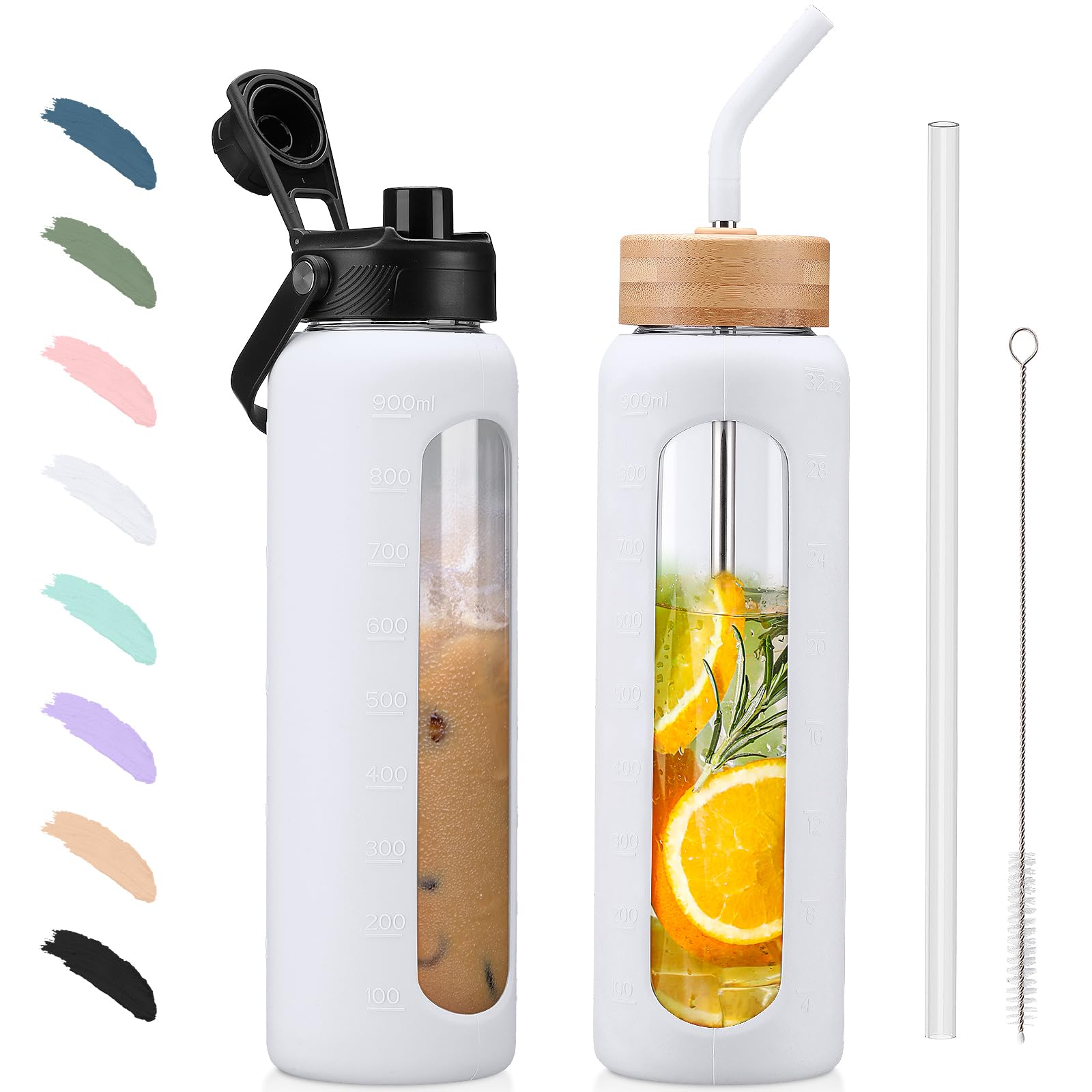 BLUEGO 900ml Glass Water Bottle with Straw and 2 Lids Glass Coffee Cup with Time Marker and Silicone Protector Glass Tumbler for Beverages Soda Cola BPA Free, White
