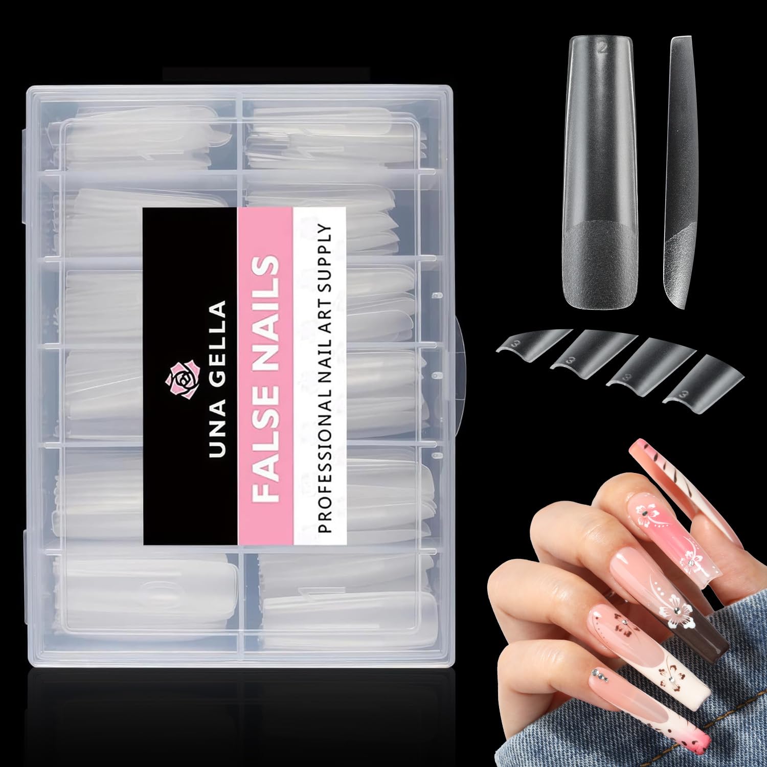 UNA GELLA Long Square Gel False Nails - Pack of 120 Pre-Filed Press-On Nails, XXL Without C Curve, Extra Long, Clear, Flat, Tapered - Soft Gel Tips