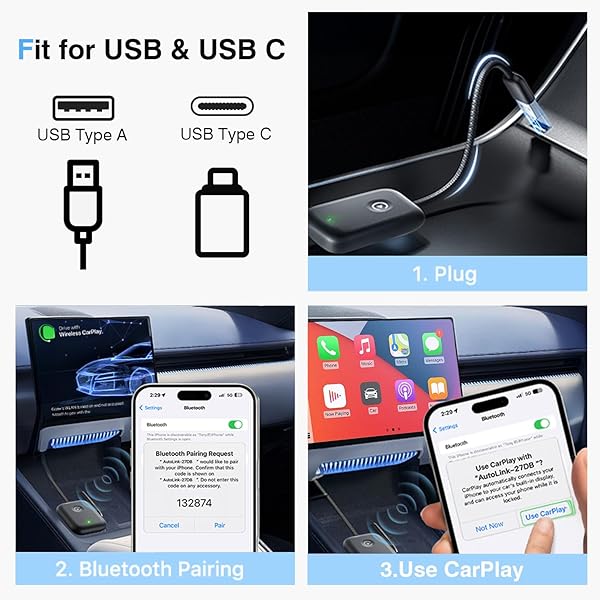 YINDUZ WIRELESS CARPLAY ADAPTER 2025 – MINI SIZE, PLUG AND PLAY, 5GHZ WIFI AUTO CONNECT, CONVERTS WIRED CAR PLAY TO WIRELESS DONGLE, COMPATIBLE WITH IOS 10+ & OEM WIRED CARPLAY CARS