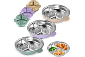 TAOCEEXI Stainless Steel Toddler Plates with Suction | Non-Slip Divided Baby Plates BPA Free & Non Toxic | Detachable Silicone Base| Dishwasher Safe | Unbreakable Kids Dinnerware 3-Pack