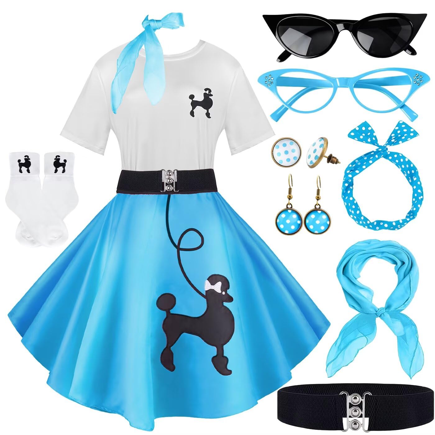 Photo 1 of 10Pcs Sock Hop Outfits Costume Women, 1950s Poodle Skirts, Poodle T-Shirt with 50s Accessories Set Scarf Headband Belt Socks Eyeglasses Earrings (Blue-S)