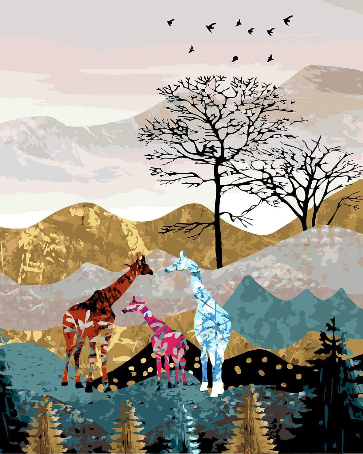 Amiiba DIY Paint by Numbers Kits, Animals Giraffe, Giraffe Family, Tree of Life