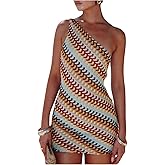 GORGLITTER Women's Asymmetrical One Shoulder Dress Summer Striped Sleeveless Birthday Night Bodycon Mini Sundresses