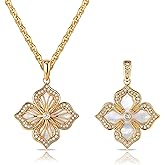 MEVECCO Gold Four Leaf Clover Necklace for Women 14K Gold Plated Clover Pendant Necklace Double Side With Diamond Vintage Filigree Flower Necklace Gift
