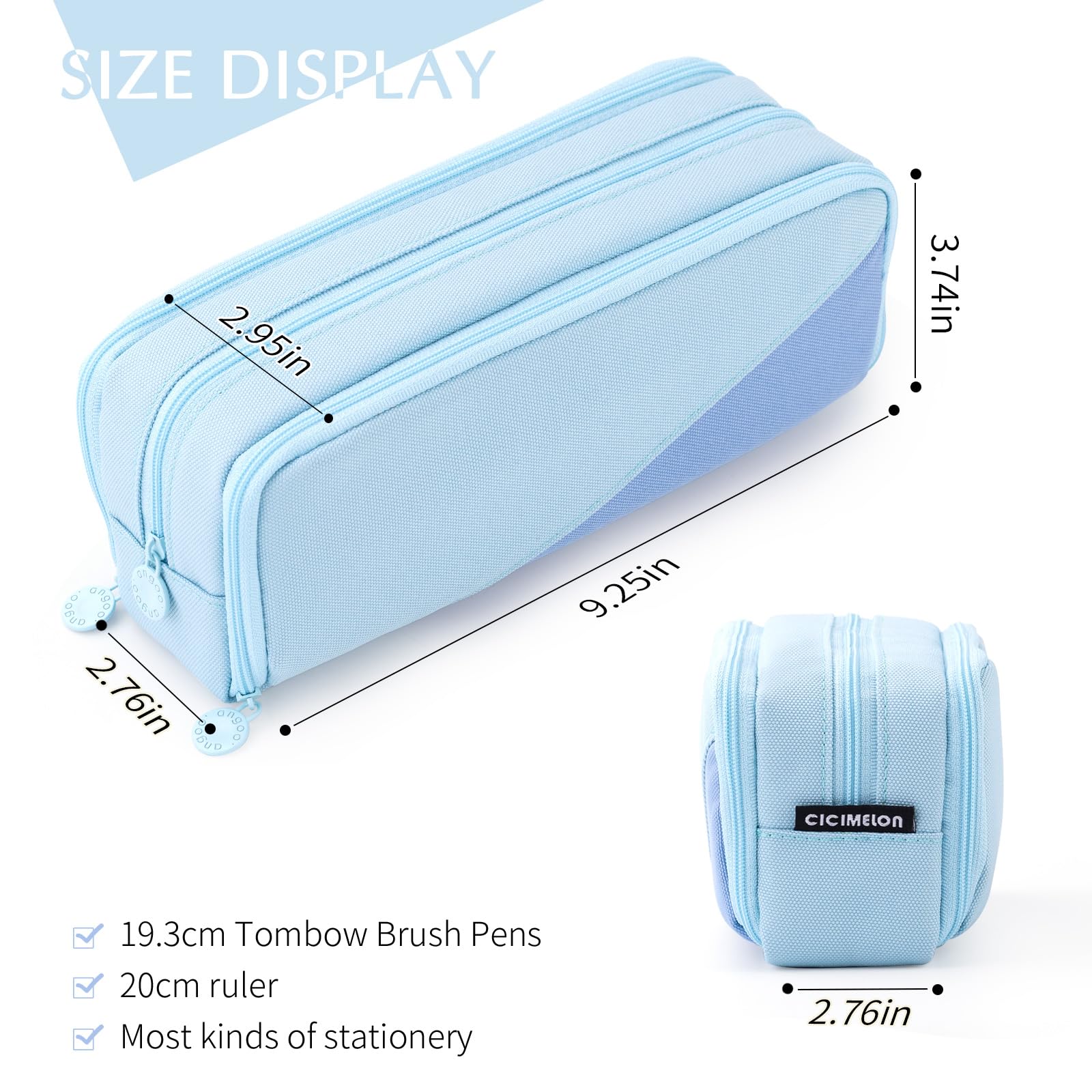 CICIMELON Big Capacity Pencil Case 3 Compartments Pen Pouch Bag Multifunctional Organizer for School Office, Haze Blue