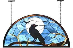 Bieye W10098 Tiffany Style Stained Glass Window Panel with Raven Sitting on Bare Tree Branch against Full Moon Scene for Halloween Decor (Dark Blue, 36" Wx18 H Half-round)