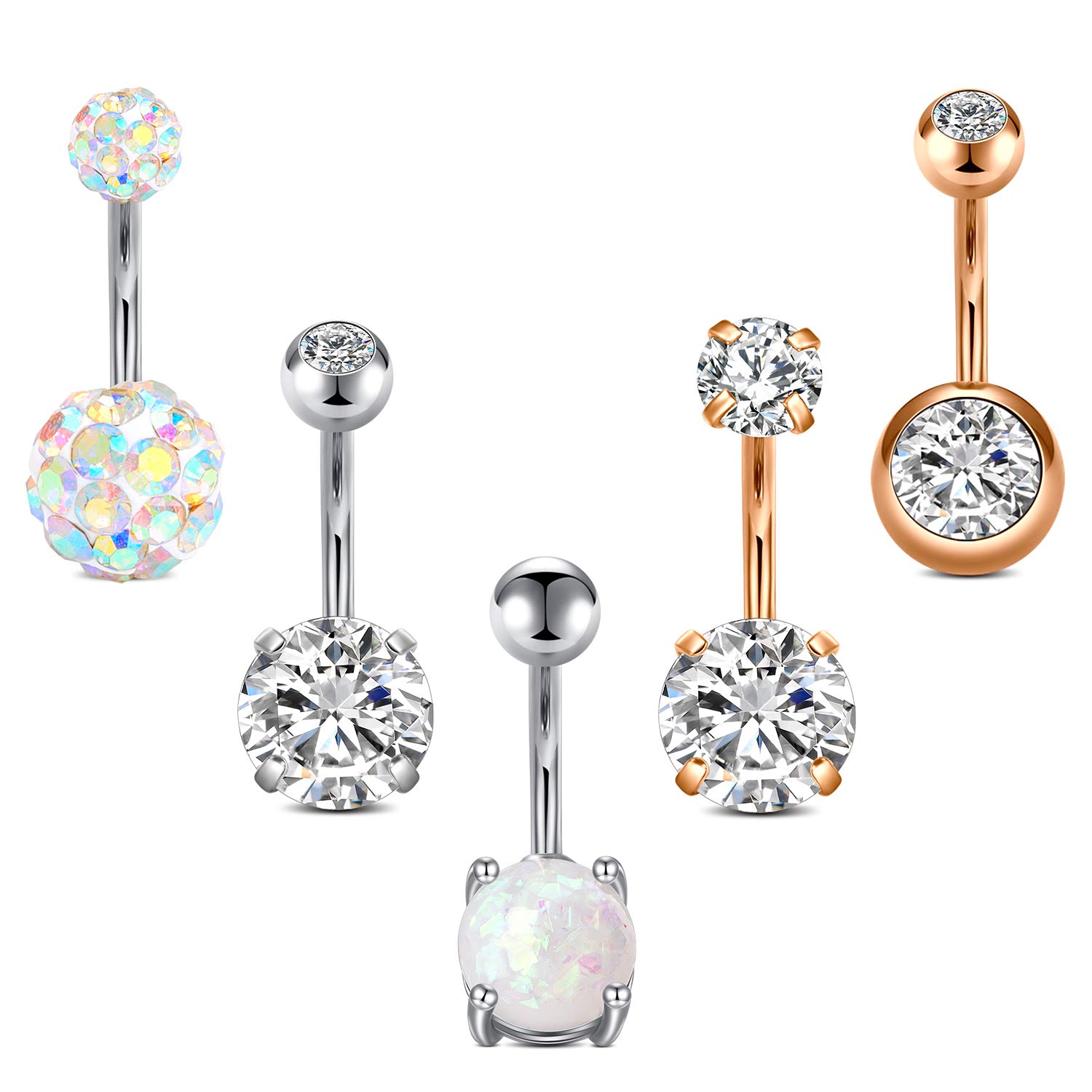AceFun Belly Bar 14g 5Pcs Belly Rings Surgical Stainless Steel Opal CZ Navel Piercing Jewelry for Women Girls Silver Rose Gold 10mm