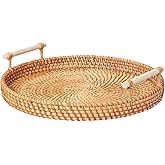 JLKIMZVO Round Rattan Serving Tray with Handles, Durable Fruit Basket for Kitchen Counter, Ideal as Vegetable Tray & Decor