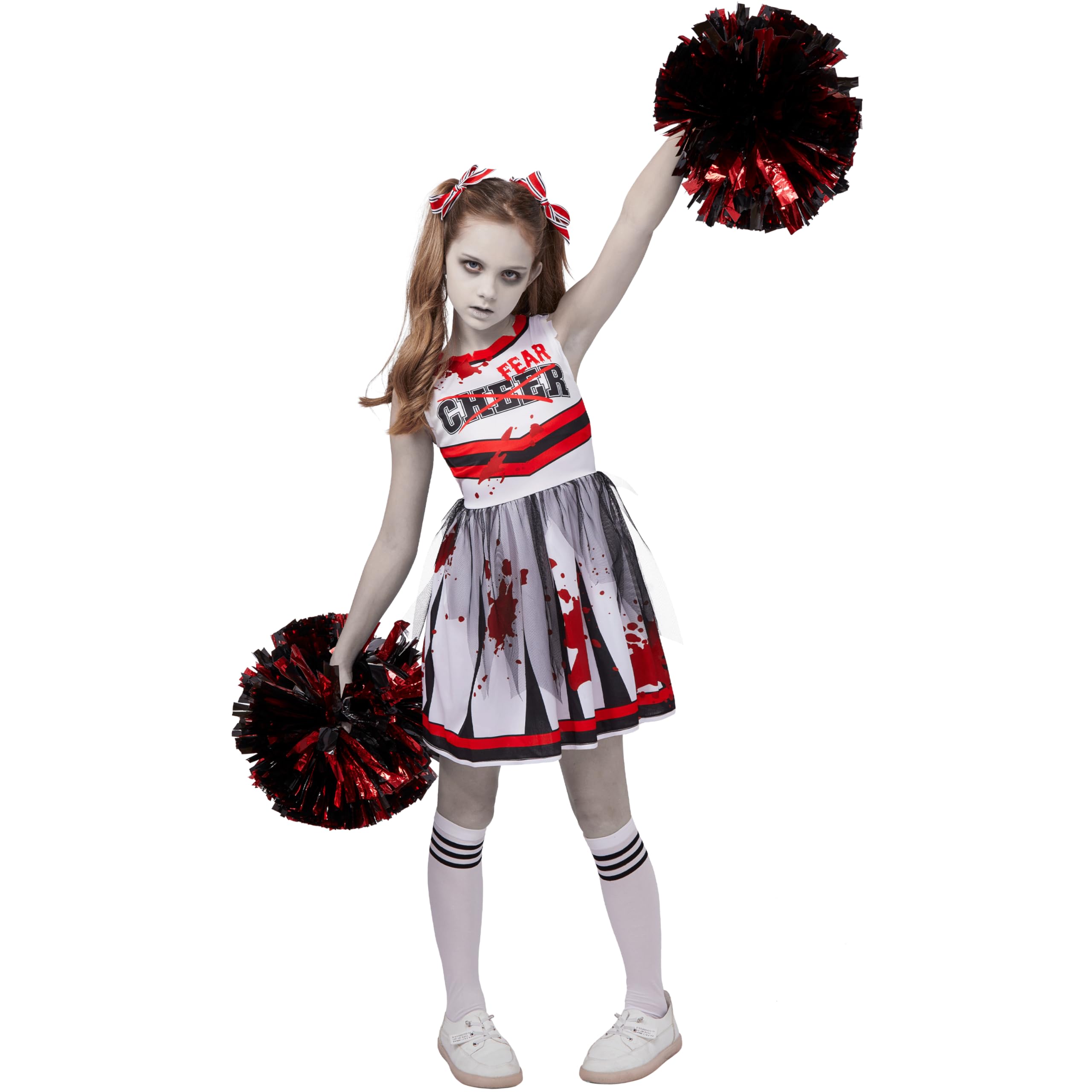 Photo 1 of Spooktacular Creations Halloween Cheerleader Costume for Girls, Kids Zombie Cheerleader Outfit, Dead Fearleader Dress for Halloween Scary Costume Role Play Parties, Red White, M